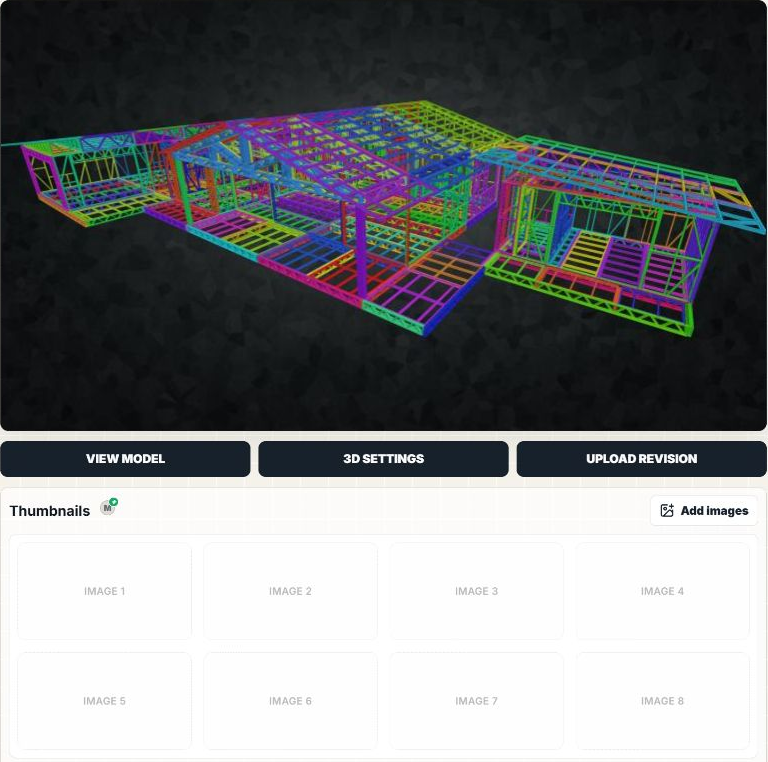 Model preview, View model and 3D Settings actions, and the Thumbnails area
