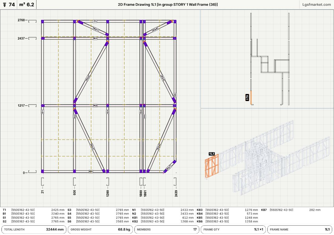 The rendered 1L1 frame drawing with dimensions, member IDs, group context and FRAME NAME