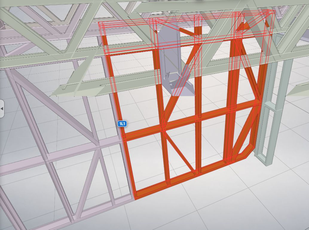 Frame 1L1 selected in the 3D model with its label and highlighted outline