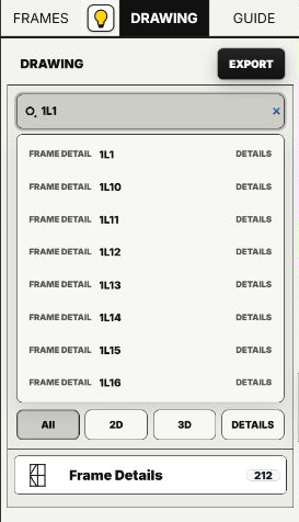 DRAWING search results for 1L1 showing FRAME DETAIL entries