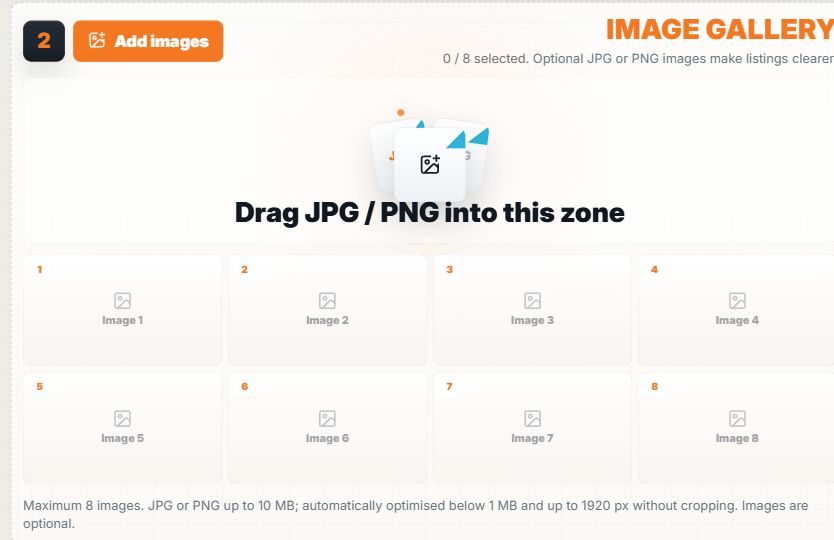 The optional Add images area and image slots